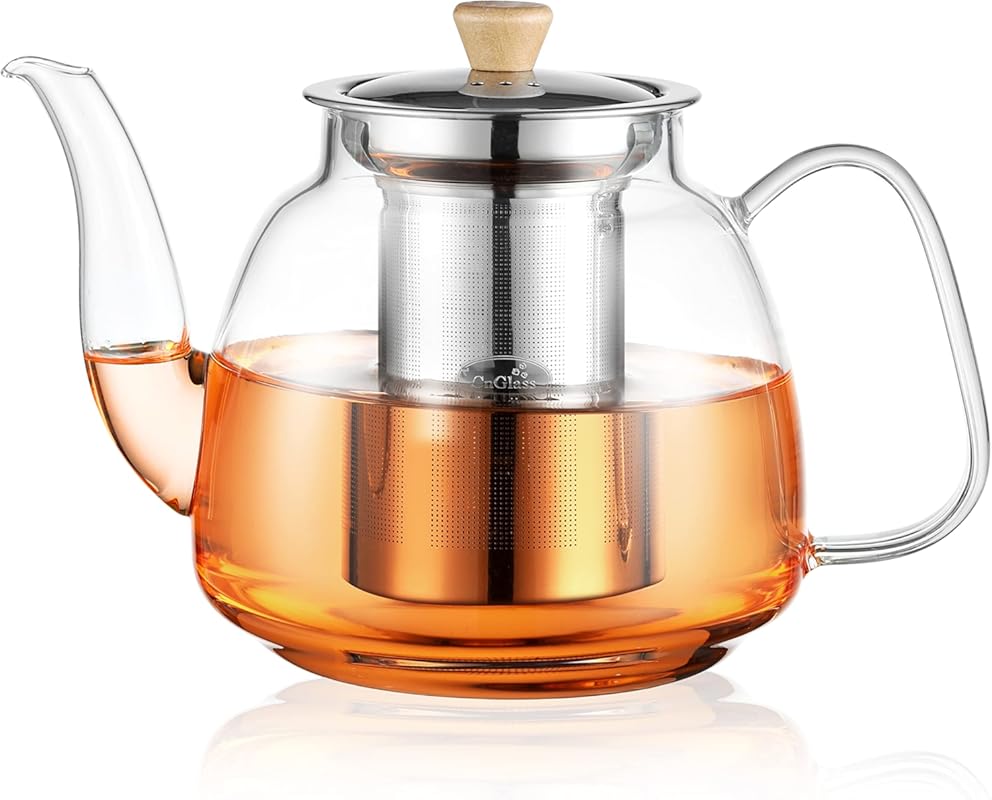 CNGLASS 1100ml Clear Glass Teapot, Stovetop Safe with Stainless Steel 