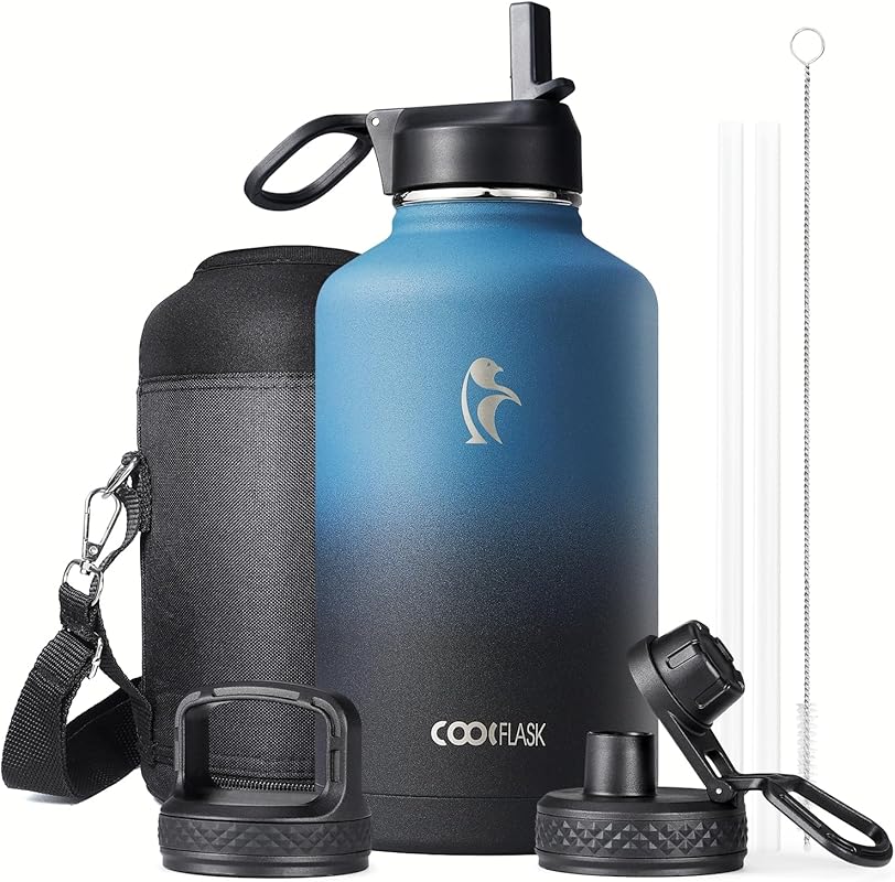 Coolflask 64oz Insulated Stainless Steel Water Jug, Straw & 3 Lids, Ke