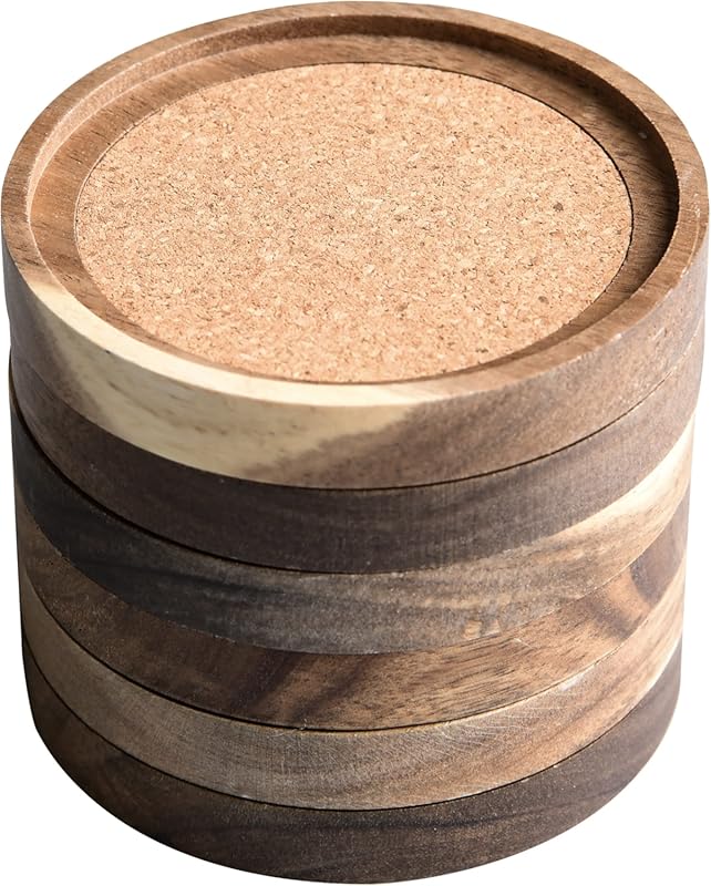 S1EGAN Acacia Wood Coasters for Drinks, 6 Pcs Absorbent Cork Stackable
