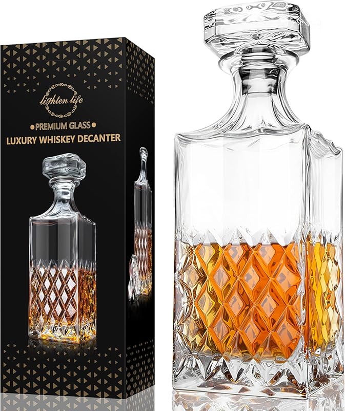 LIGHTEN LIFE 29oz Non-Lead Crystal Whiskey Decanter with Stopper, Dish