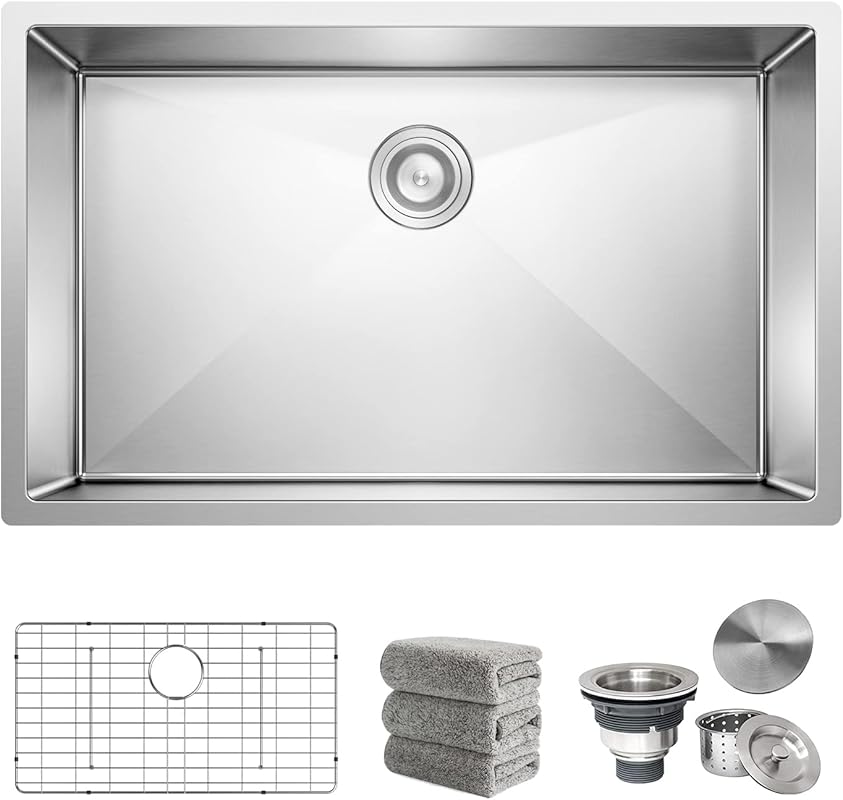 30x18 Inch Undermount Single Bowl Kitchen Sink Set, 16 Gauge Stainless