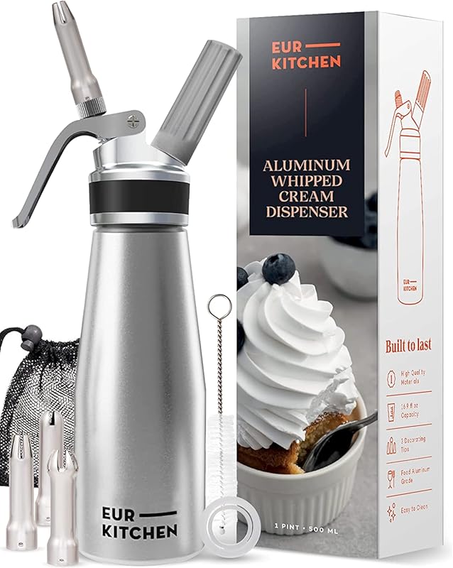 EurKitchen Professional Aluminum Whipped Cream Dispenser, Leak-Free 1-