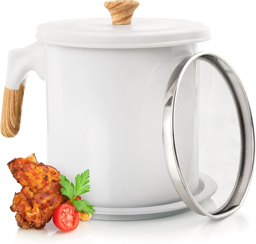 MyMoon Home 48oz Iron Bacon Grease Container with Strainer, Non-Stick 