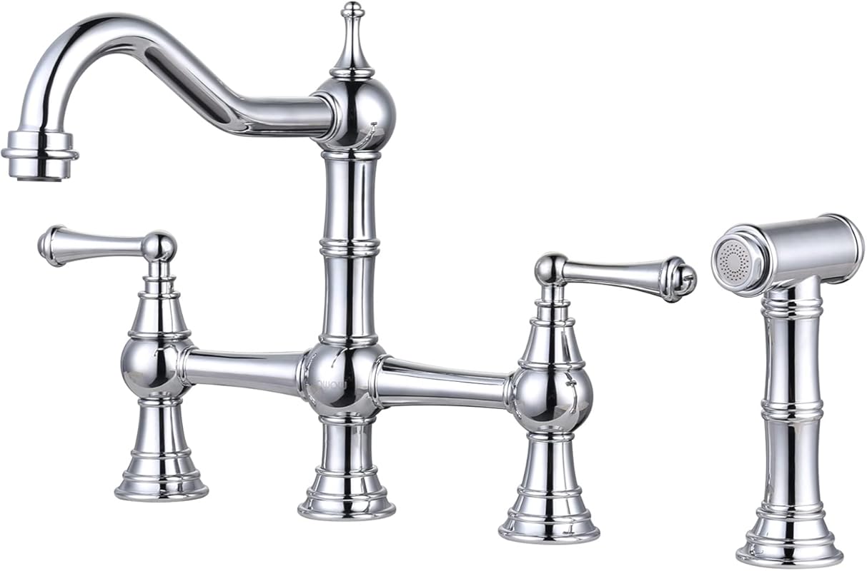 WOWOW Vintage Farmhouse Chrome Bridge Kitchen Faucet, 2-Handle with Si