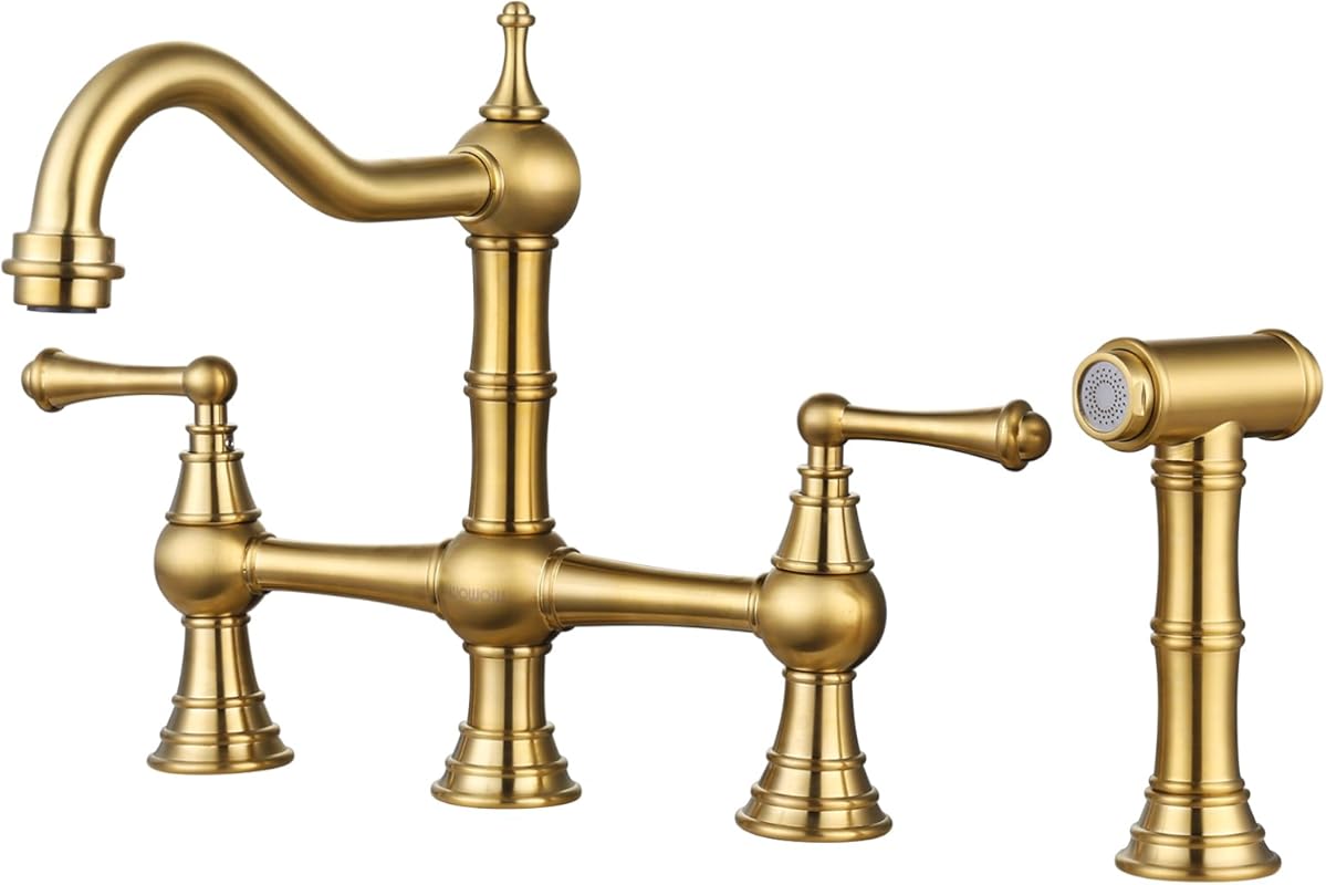 WOWOW Heritage Brushed Gold Bridge Kitchen Faucet, 2-Handle, Side Spra