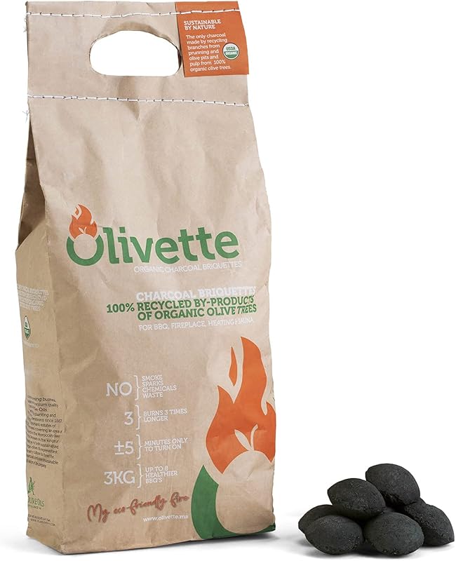Olivette Organic Charcoal Briquettes - USDA Certified, Reusable, Olive