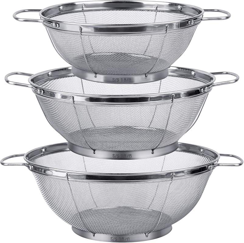 3 Pack 18/8 Stainless Steel Mesh Colander Sieve Set with Handles & Res