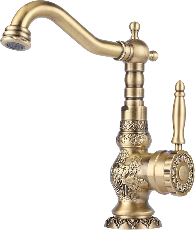Antique Brass Single Handle Faucet, 360° Swivel Spout Mixer Tap for Ki