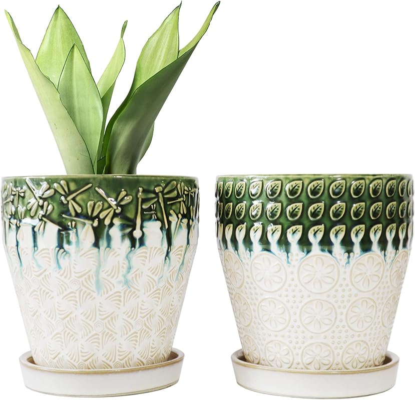 Green & White 6 Inch Ceramic Planters (Set of 2) with Drainage Holes,