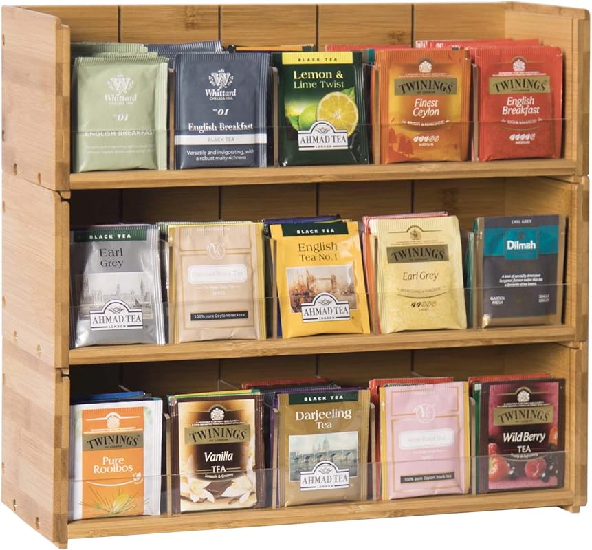 X-cosrack 3-Tier Stackable Bamboo Tea Bag Organizer – Wall Mount Wood 