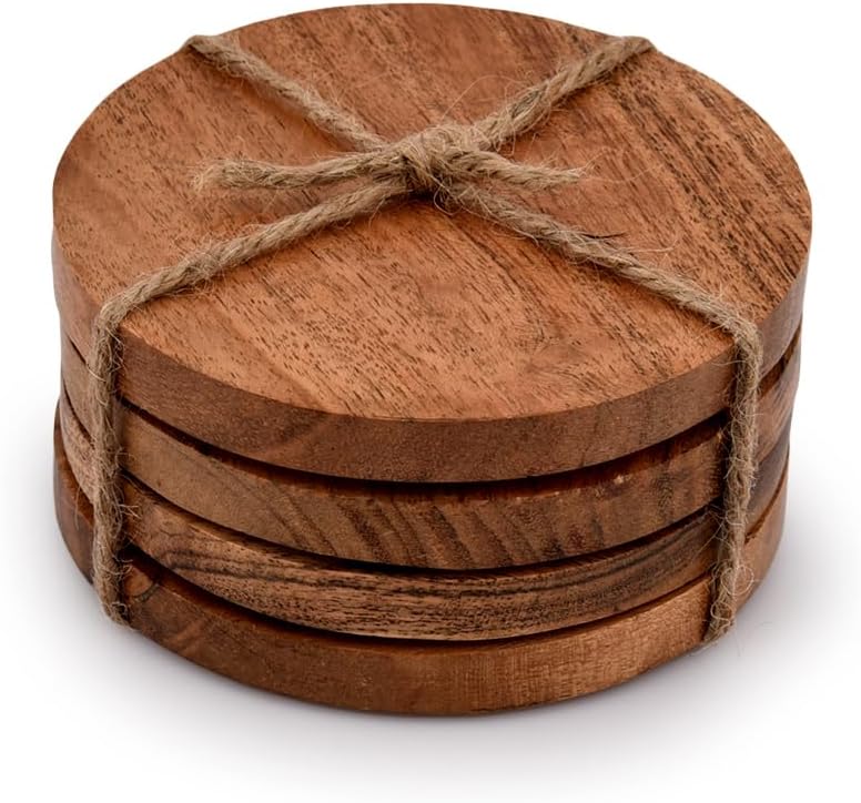 Samhita Acacia Wood Round Coasters (4-Pack) 4 Inch for Tabletop Protec