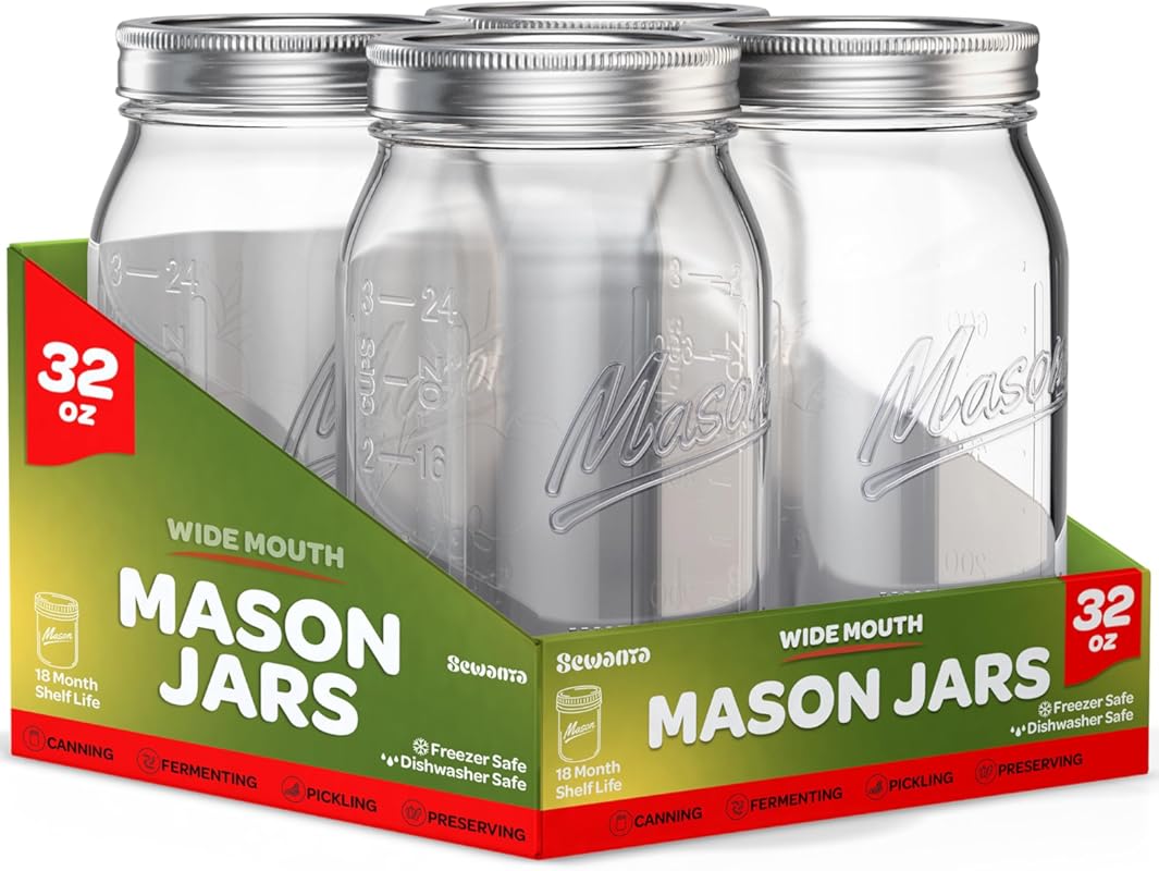 SEWANTA Wide Mouth 32oz Quart Mason Jars with Lids & Bands, 4-Pack for