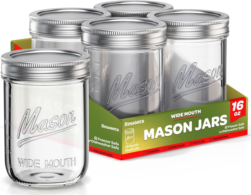 SEWANTA Wide Mouth 16oz Pint Mason Jars with Lids & Bands, 5-Pack for 