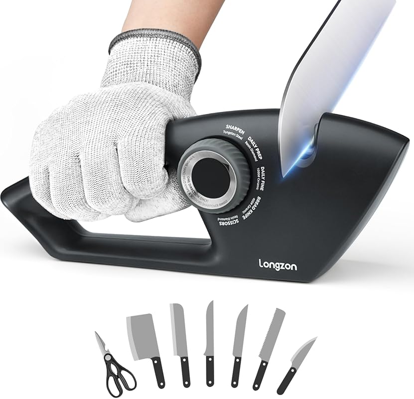 Longzon 5-in-1 Kitchen Knife Sharpener: 5-Stage Tool with Glove for Se