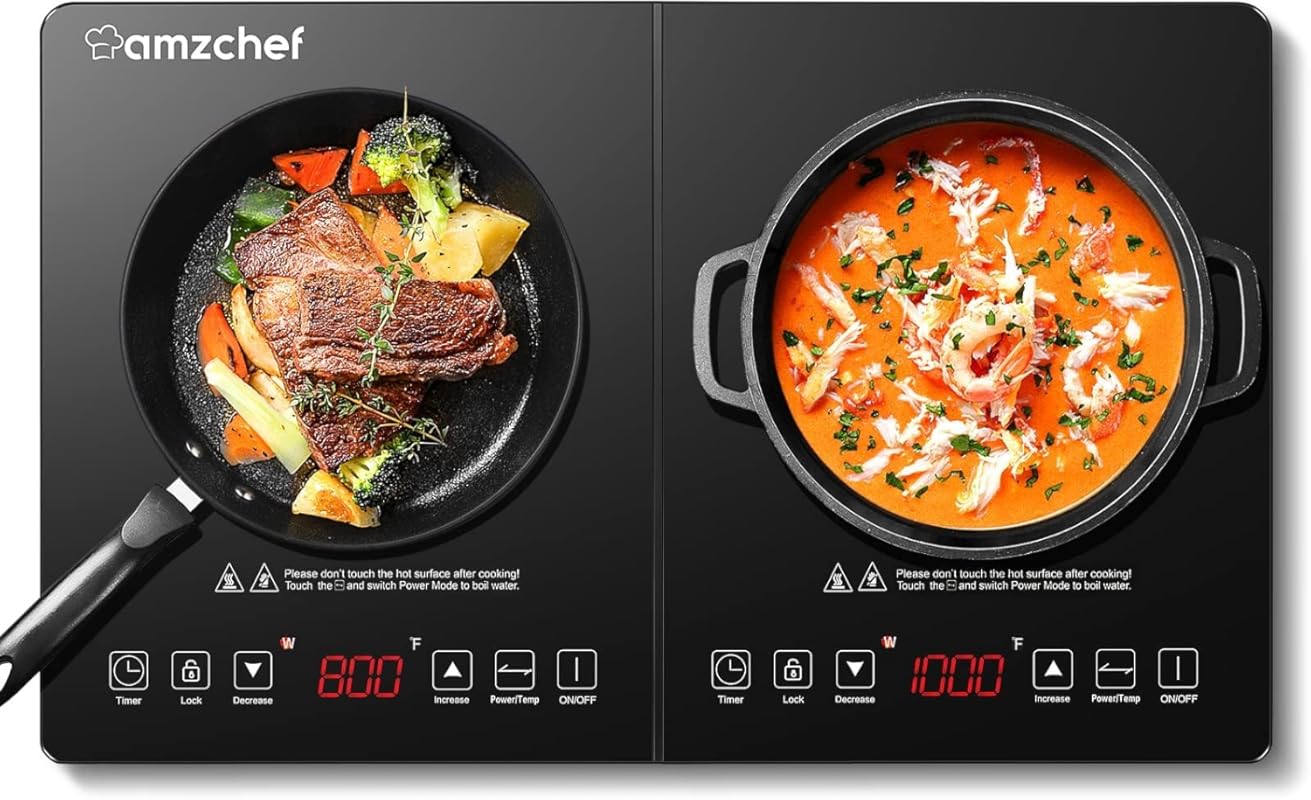AMZCHEF Double Induction Cooktop: Low Noise, 1800W Sensor Touch, 20 Te