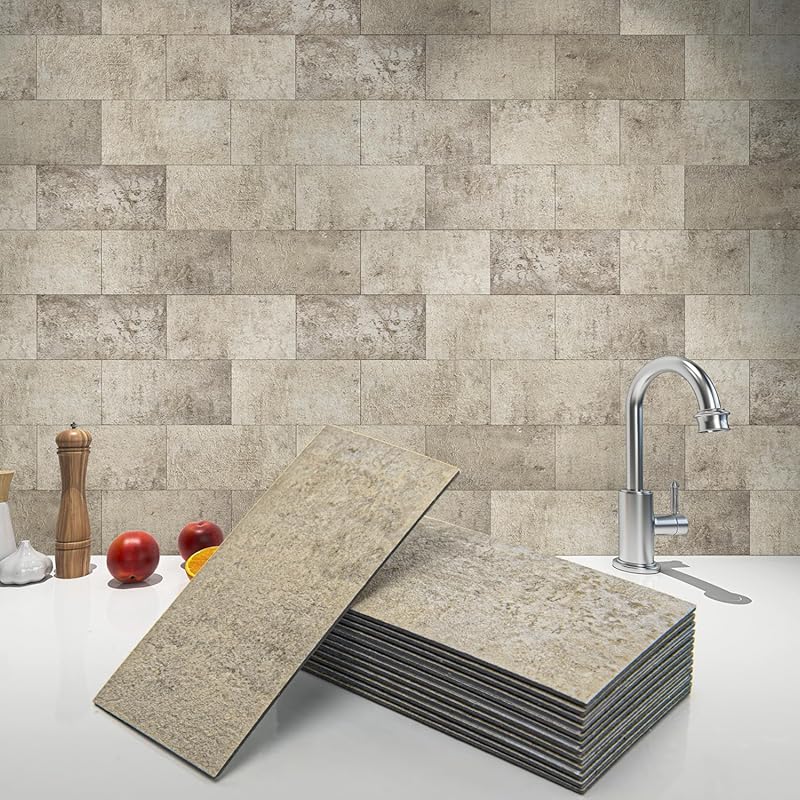Art3d 102-Piece Peel and Stick Stone Beige Subway Tiles, 3