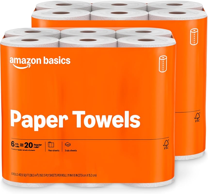 Amazon Basics FSC-Certified 2-Ply Flex-Sheets Paper Towels, 12 Rolls (