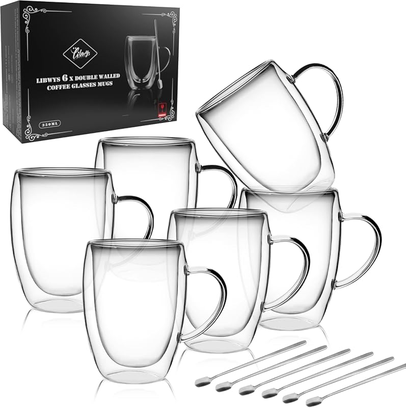 LIBWYS Double Walled Coffee Mugs, Set of 6, 12 oz Clear Borosilicate, 