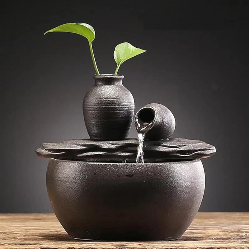 Black Ceramic Tabletop Fountain for Indoor Home, Office, Desk & Patio 