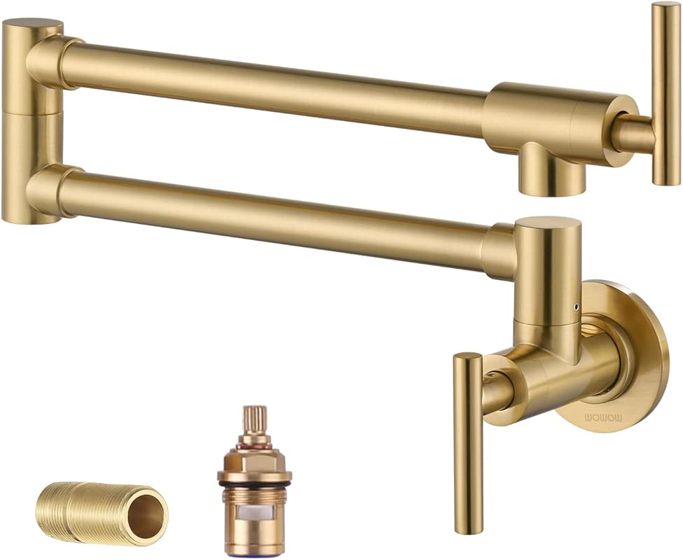 WOWOW Brushed Gold Pot Filler Faucet, Solid Brass Wall Mount for Kitch