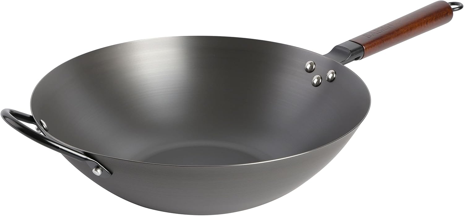 Babish 14-Inch Carbon Steel Wok & Stir Fry Pan, Flat Bottom, Durable f