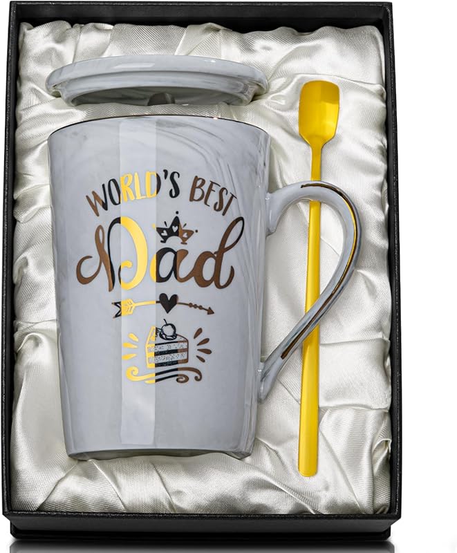 World's Best Dad 14oz Grey Marble Coffee Mug with Lid, Spoon, Card & L