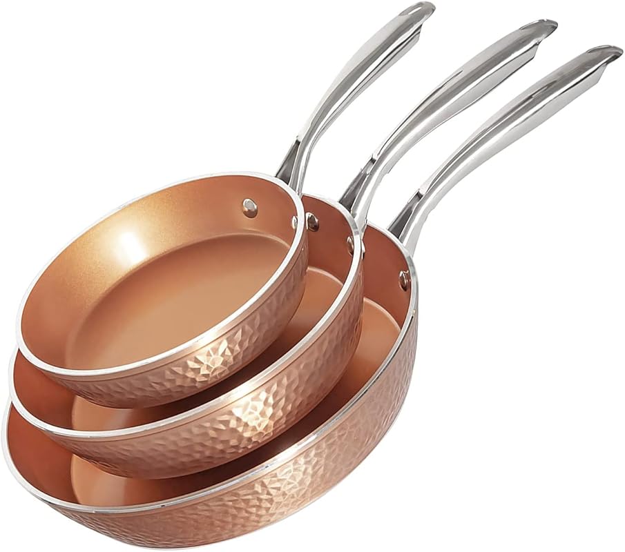 Gotham Steel Hammered 3-Pc Nonstick Copper Frying Pan Set, 8”, 10”, 12