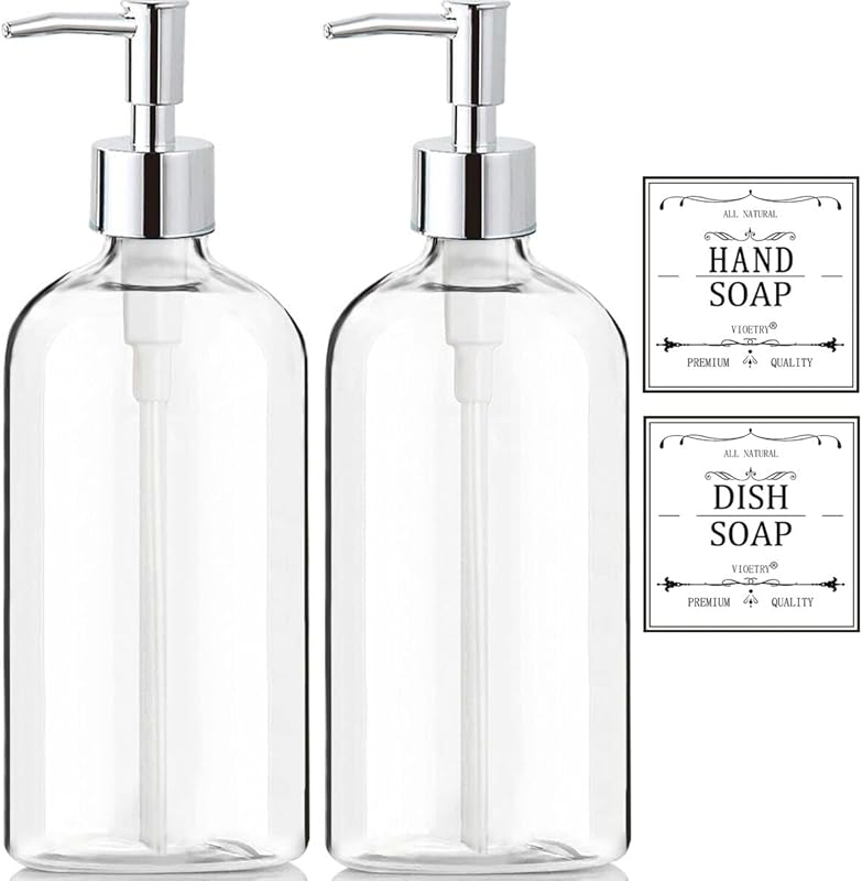 2-Pack 16oz Clear Plastic Soap Dispensers with Rust-Proof Pump and Wat