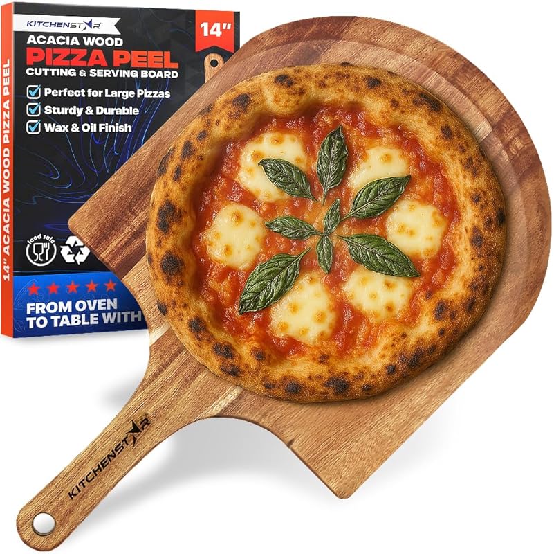 KitchenStar 14-Inch Acacia Wood Pizza Peel – Large Wooden Serving & Cu