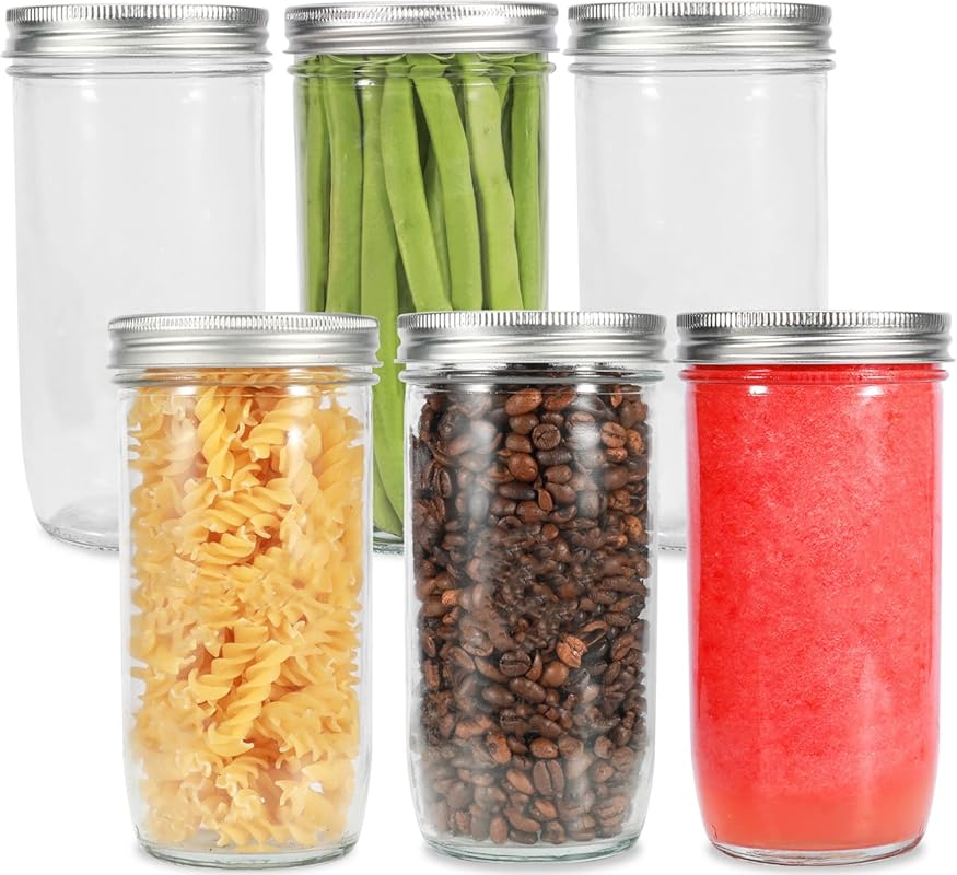 Wide Mouth 24oz Glass Mason Jars with Airtight Lids & Bands, 6-Pack fo