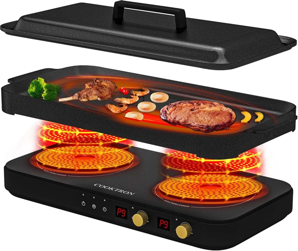 Portable 1800W Double Induction Cooktop with Removable Non-stick Gridd