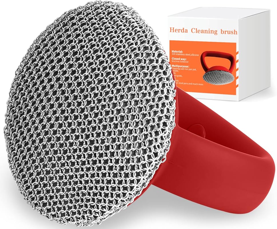 Heavy Duty Chainmail Cast Iron Scrubber with Handle, 3mm Welded Metal 