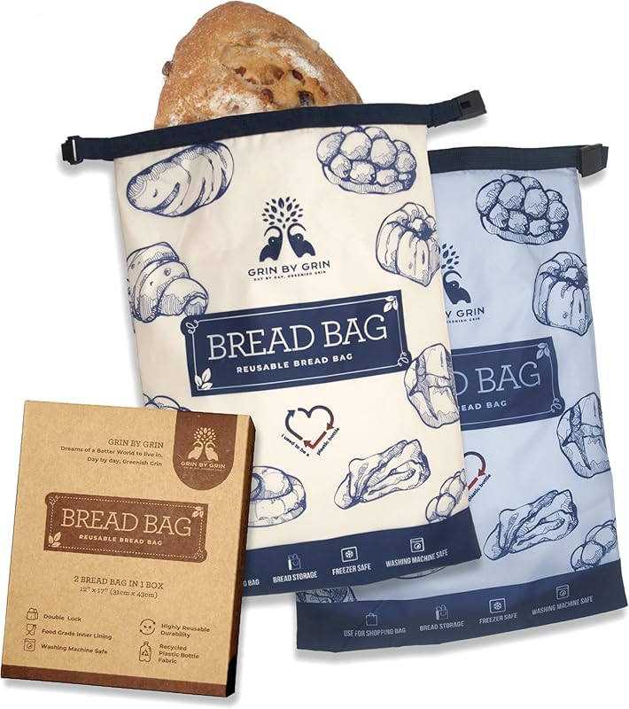 GRIN BY GRIN 2 Pack Reusable Zipper Bread Bags for Homemade Sourdough,