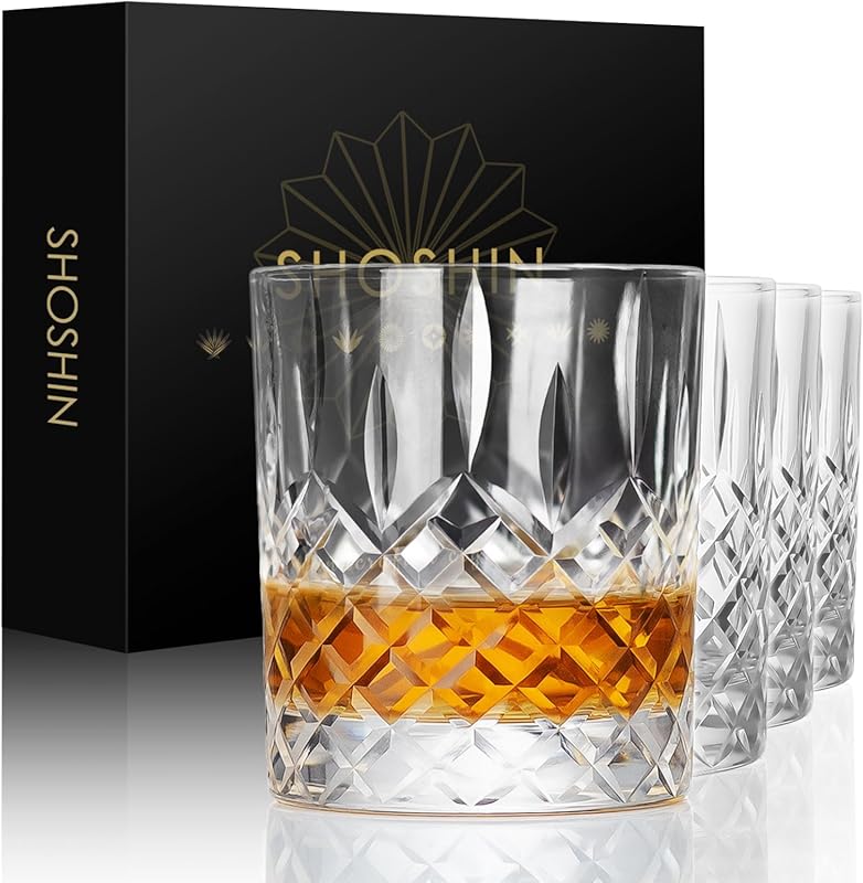 SHOSHIN Premium Hand Cut Double Old Fashioned Whiskey Glasses Set of 4