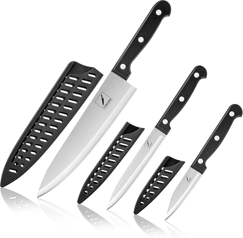 3-Piece Black Stainless Steel Kitchen Knife Set with Sheath, Includes 