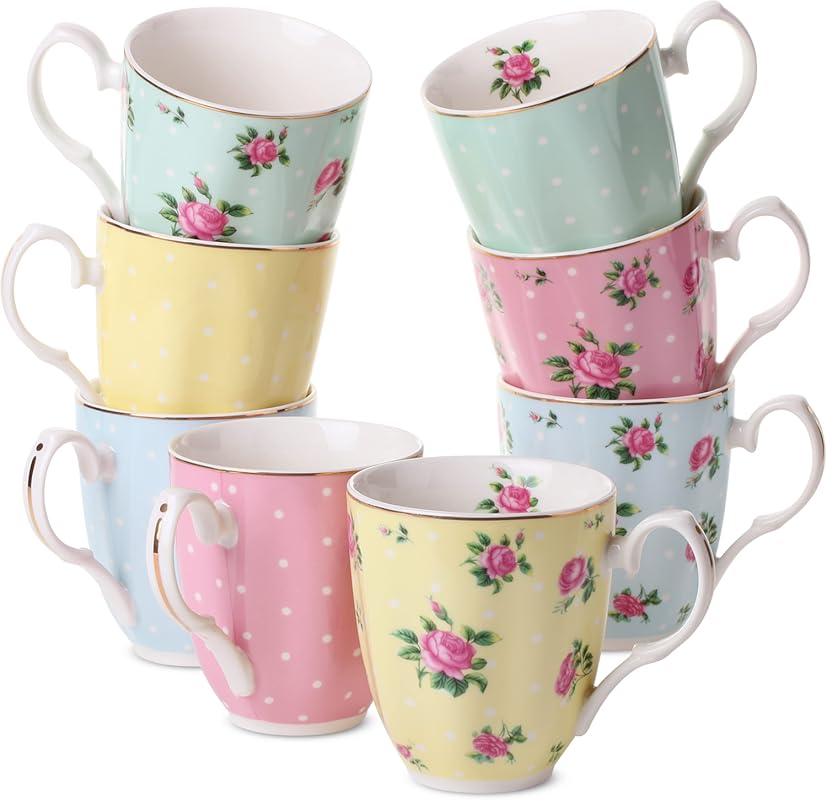 BTaT Royal Porcelain Bone China Coffee Mugs, 12 oz Set of 8, Large Tea