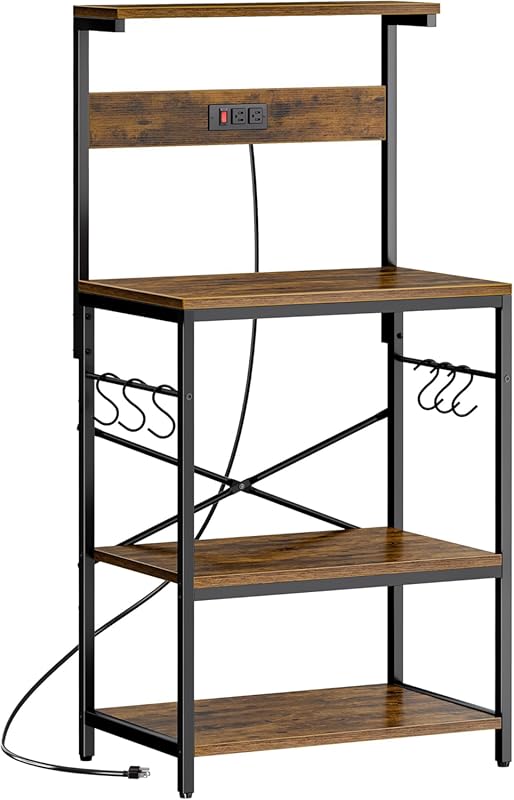 SUPERJARE 4-Tier Kitchen Bakers Rack with Power Outlet, Hooks, Microwa