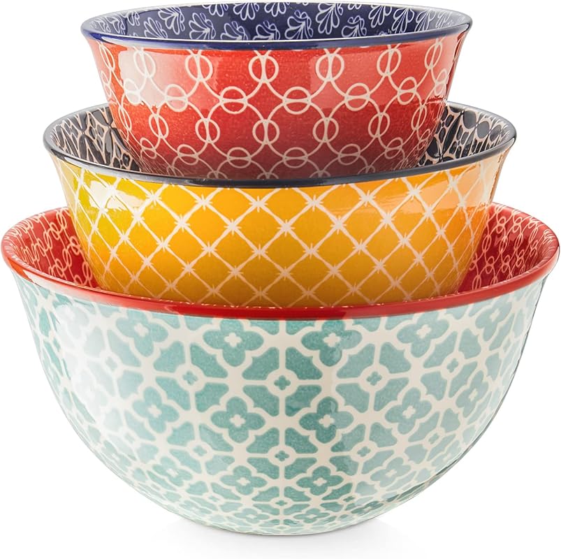 DOWAN Ceramic Nesting Mixing Bowls Set of 3, Colorful for Cooking, Bak