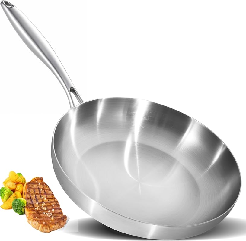 LOLYKITCH 12 Inch Tri-Ply Stainless Steel Frying Pan Skillet, Inductio