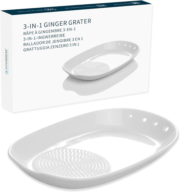 KITCHENDAO 3-in-1 Porcelain Ginger Grater, Herb Stripper & Spoon Rest 