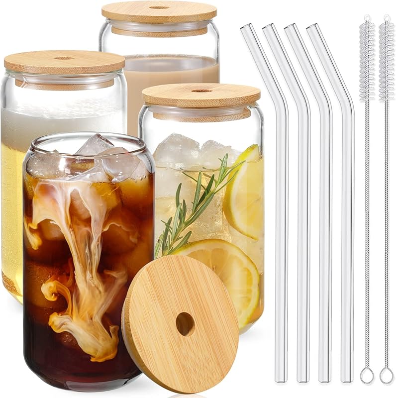 4-Pack 16oz Glass Drinking Glasses with Bamboo Lids & Glass Straws for