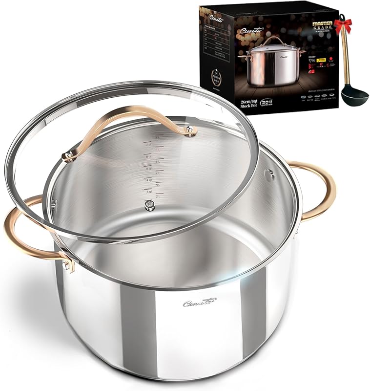 8 Quart 3-Ply Whole Clad Stainless Steel Stock Pot with Lid, Induction