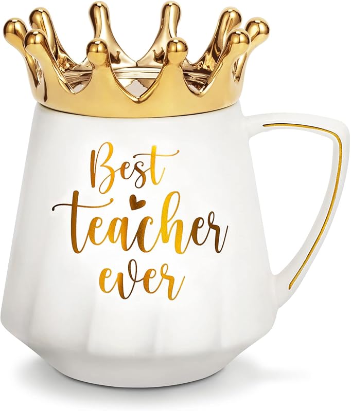 Best Teacher 12 oz Ceramic Coffee Mug with Crown Lid, Unique Appreciat