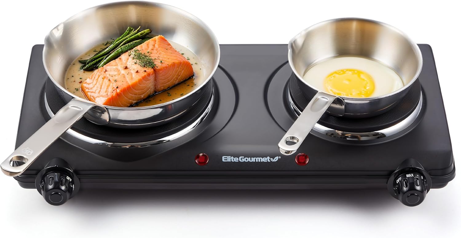 Elite Gourmet EDB-302BF# Countertop Double Cast Iron Burner, 1500 Watt
