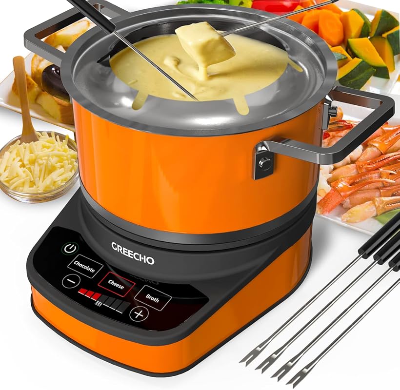 GREECHO Electric Fondue Pot Set, 2.6 Qt Stainless Steel, 3 Preset Mode