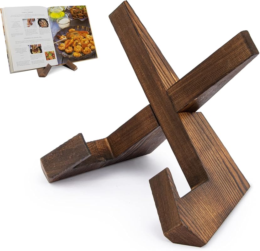 PUERSI Rustic Wooden Cookbook Stand for Kitchen Counter, Recipe Book H