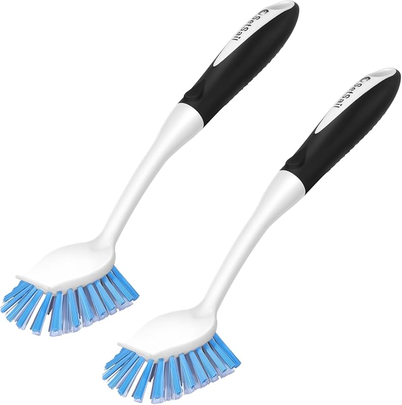 SetSail 2-Pack Dish Brushes: Stiff Bristles, Handle, Built-in Scraper 
