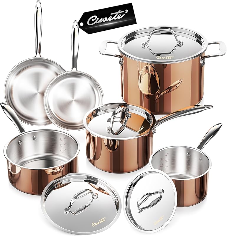 Elegant 10-Pc Tri-Ply 18/10 Stainless Steel & Copper Induction Cookwar