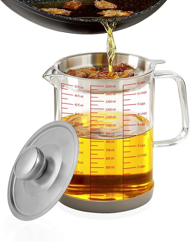 Luvan 1.5L Glass Bacon Grease Container with Fine Mesh Strainer, Lid &