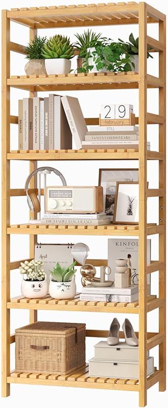 FOTOSOK 6-Tier Bamboo Bookcase with Adjustable Shelves, Free Standing 